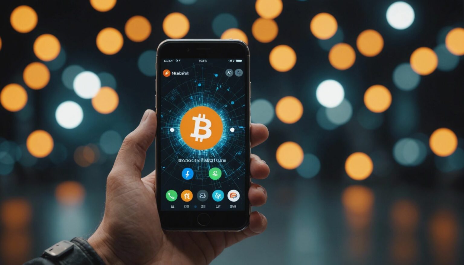 Person holding smartphone with Reddit logo and cryptocurrency symbols like Bitcoin and Ethereum floating around.