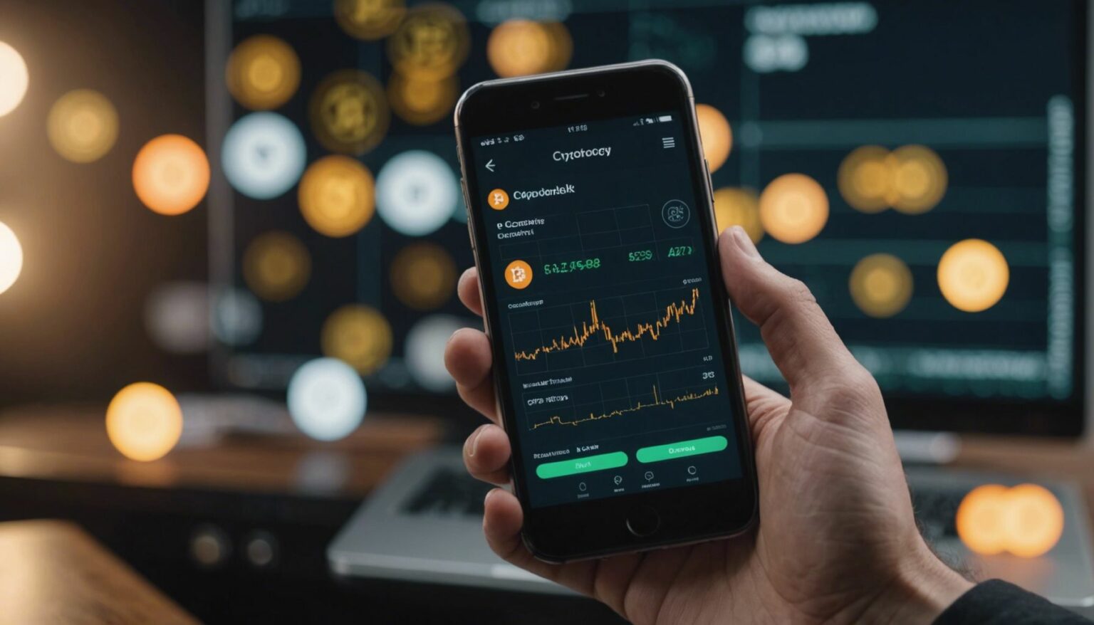 Person holding smartphone with crypto app, surrounded by cryptocurrency coins and charts.