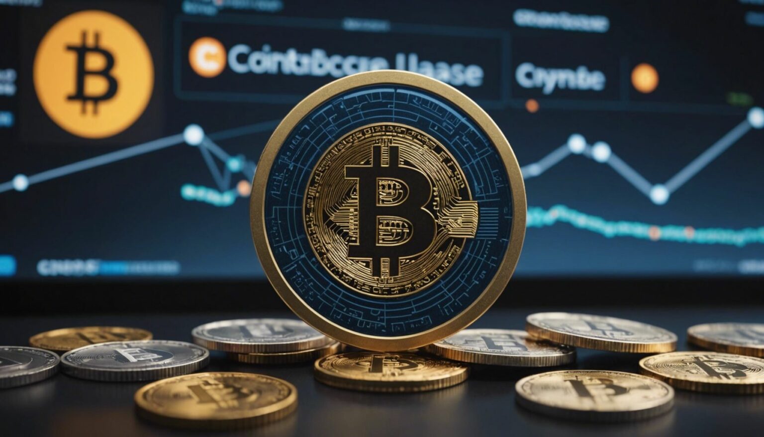Emerging cryptocurrency exchange logos surrounding a central Coinbase logo, representing new competitors in the crypto market.