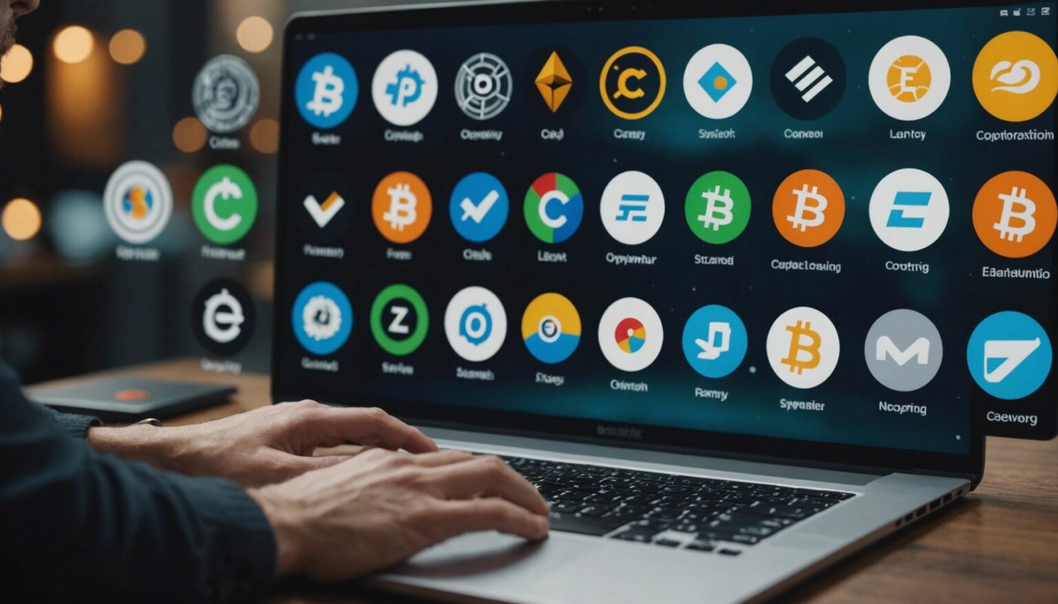 Person exploring cryptocurrency platform alternatives on a laptop, surrounded by various platform logos.