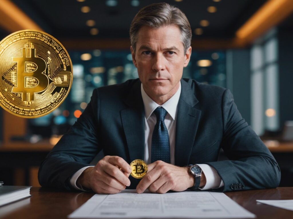 Michael Saylor in a suit holding Bitcoin coin, legal documents and $40 million settlement text in the background.