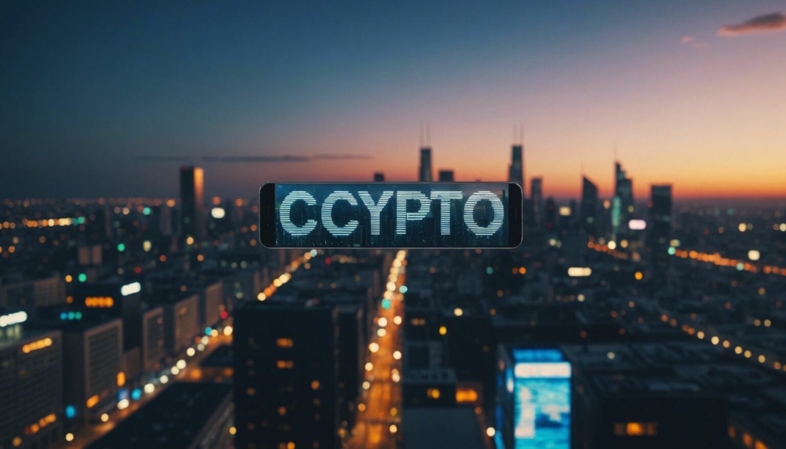 Futuristic city with floating digital currency symbols, highlighting top 5 upcoming crypto projects in 2023.