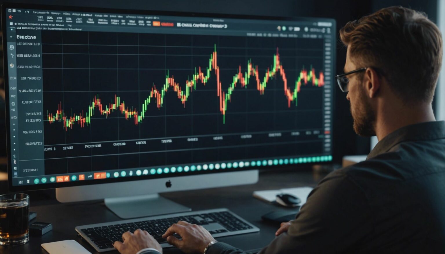 Confident trader analyzing data with digital graph and cryptocurrency icons, showcasing successful crypto trading strategies.