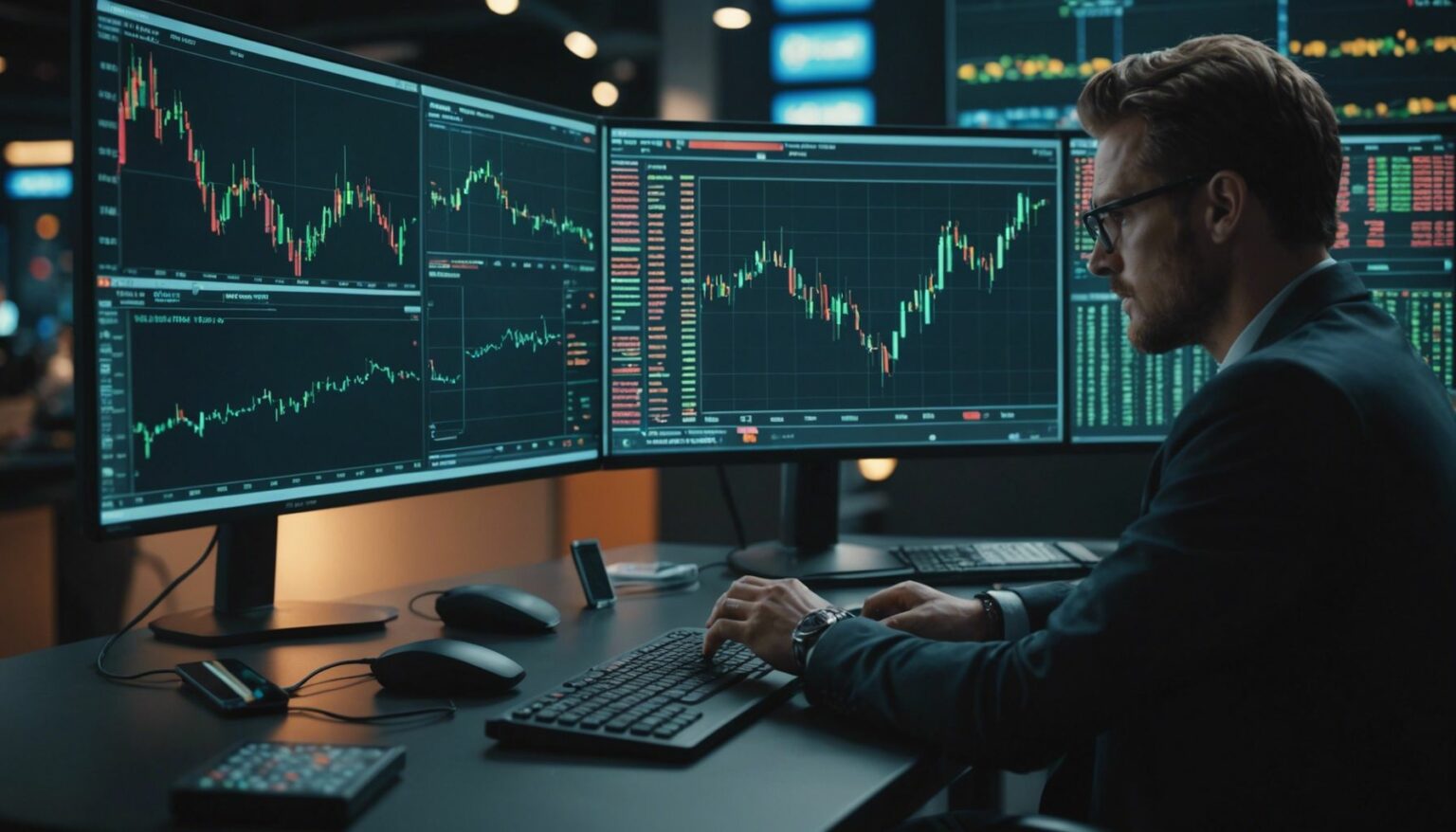 Futuristic trading interface with candlestick charts, cryptocurrency symbols, and a trader analyzing data on a holographic screen.