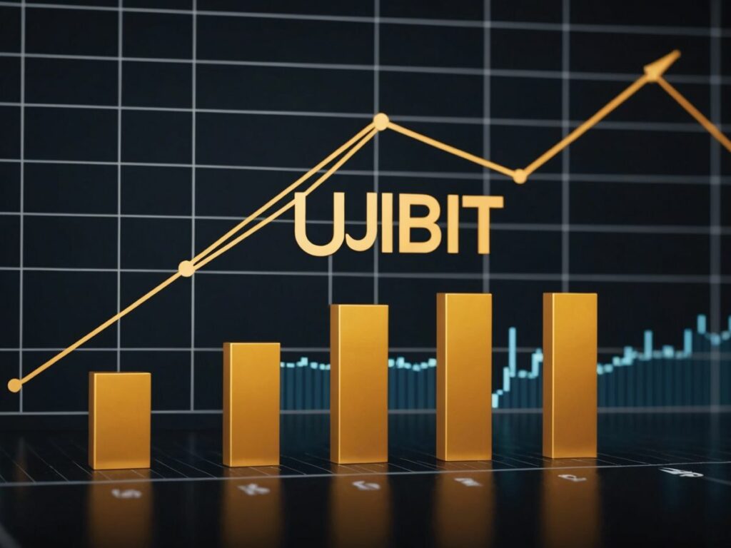 Upbit logo ascending a bar chart, representing its rise to the top five crypto exchanges, challenging Binance and Coinbase.