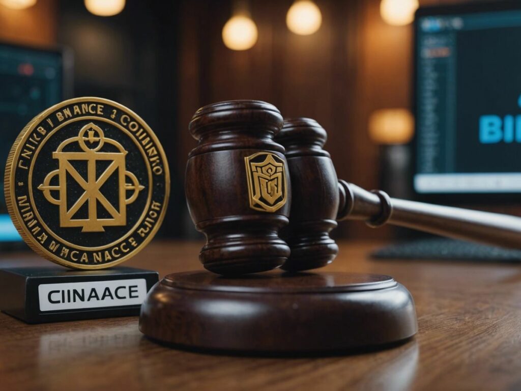 Gavel striking block with Binance, Coinbase, Kraken logos, symbolizing SEC lawsuits and legal challenges.