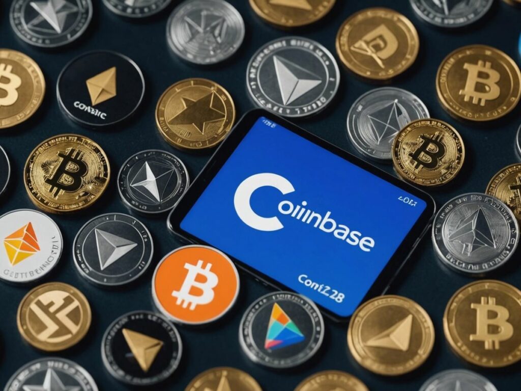 Coinbase logo with icons of new cryptocurrencies to be listed in 2024, highlighting exciting new coin listings.