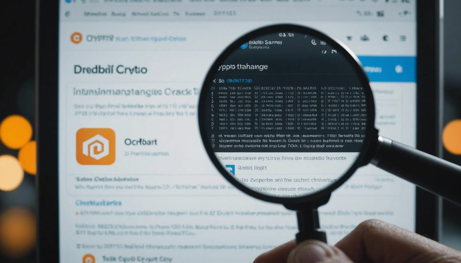 Person examining a list of crypto exchanges with a magnifying glass, Reddit logo in the background.