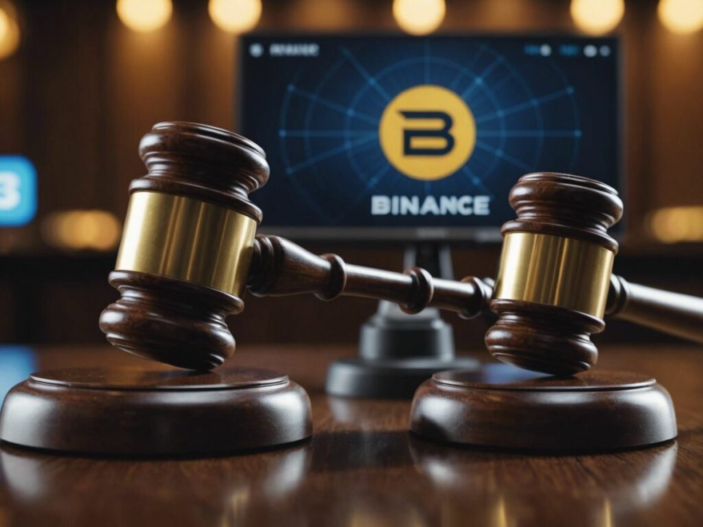 Gavel striking Binance and Coinbase logos, representing SEC lawsuits against major crypto exchanges.
