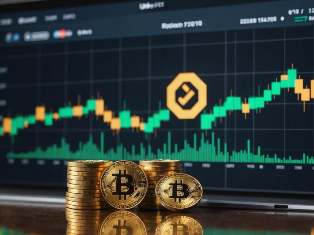 Upbit logo ascending a bar chart, symbolizing its rise among top crypto exchanges, with Binance and Coinbase logos in the background.