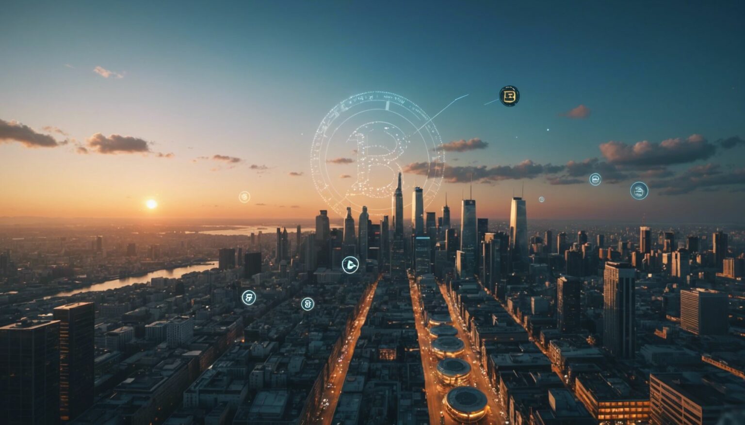 Futuristic city with digital currency symbols, highlighting upcoming crypto projects to watch in 2023.