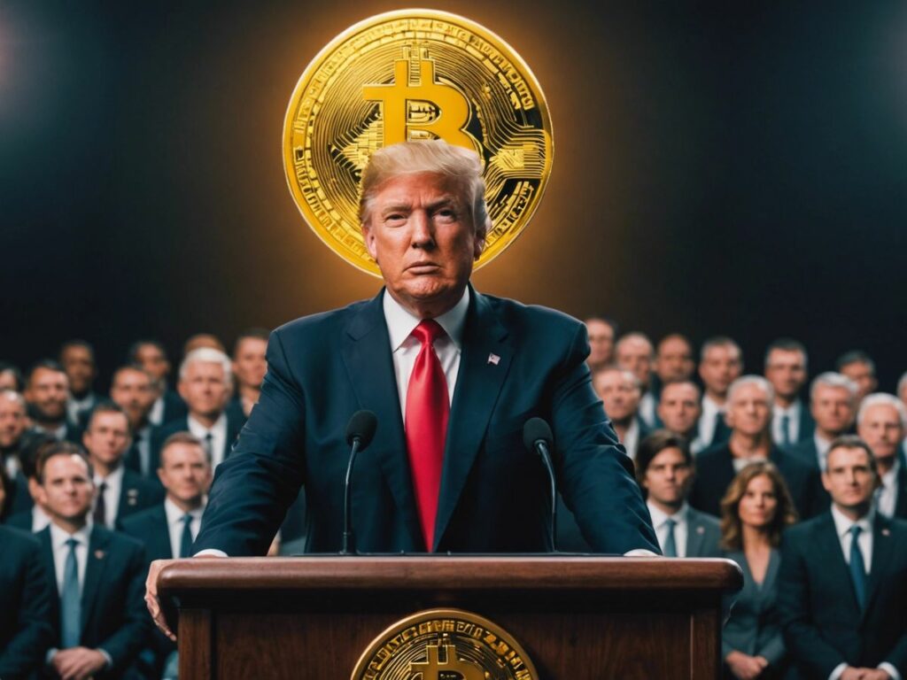 Donald Trump advocates for Bitcoin mining in the USA, speaking at a podium with industry leaders.