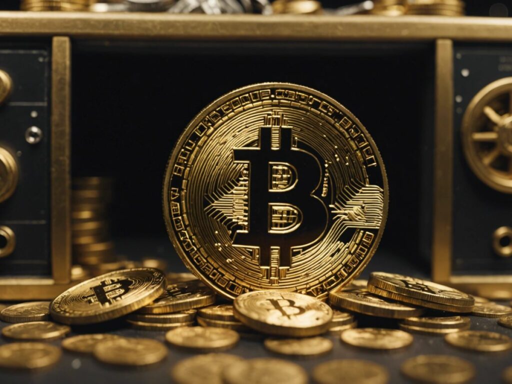 Bitcoin vault cracked open, revealing cash and gold coins, symbolizing the unlocking of a $3 million wallet.