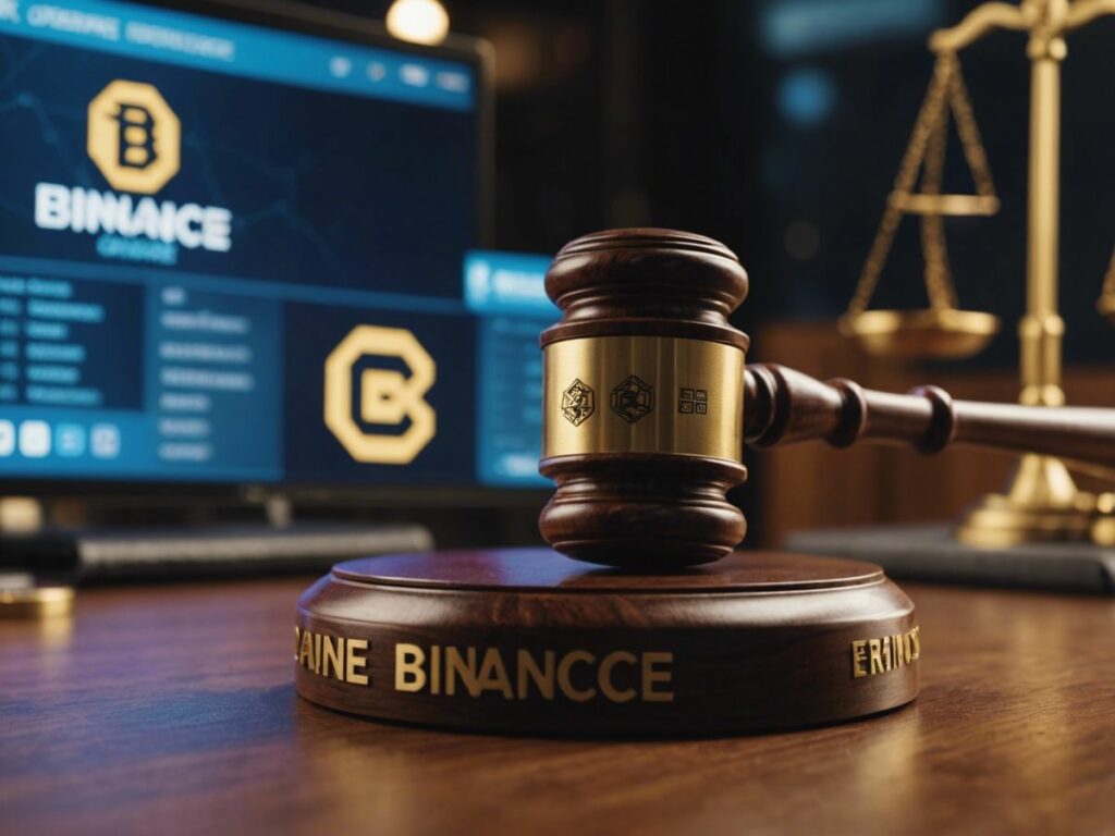 Gavel striking with Binance, Coinbase, Kraken logos, symbolizing SEC lawsuits and new regulatory era.