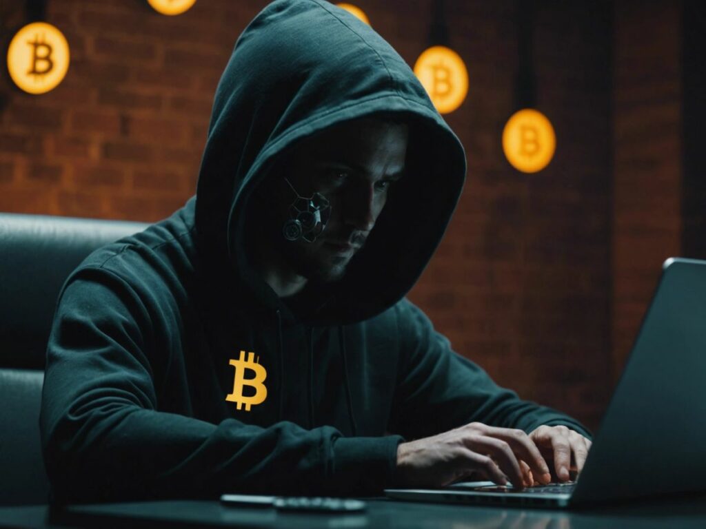 Hacker in hoodie with laptop, Bitcoin symbol, and broken lock icon representing a $301 million heist from DMM exchange.